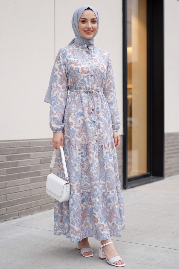 Mandarin Collar Half-Button Mixed Patterned Polycotton Dress with Elasticated Sleeves -Blue