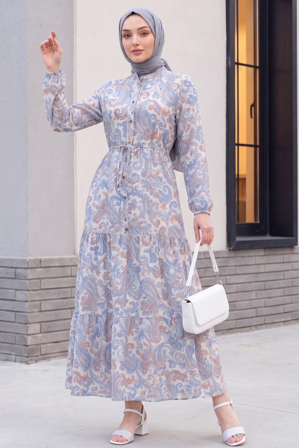 Mandarin Collar Half-Button Mixed Patterned Polycotton Dress with Elasticated Sleeves -Blue