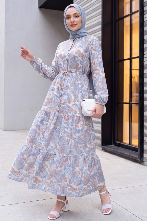 Mandarin Collar Half-Button Mixed Patterned Polycotton Dress with Elasticated Sleeves -Blue