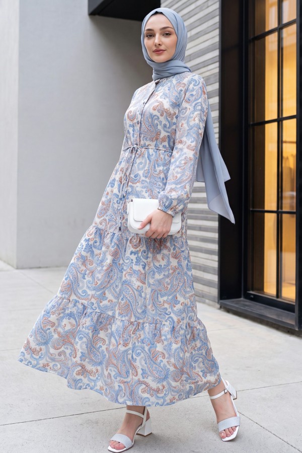 Mandarin Collar Half-Button Mixed Patterned Polycotton Dress with Elasticated Sleeves -Blue