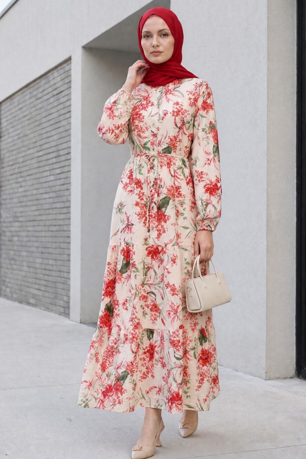 Mandarin Collar Half-Button Mixed Patterned Polycotton Dress with Elasticated Sleeves -Garnet Color