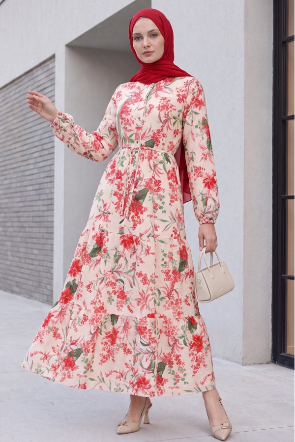 Mandarin Collar Half-Button Mixed Patterned Polycotton Dress with Elasticated Sleeves -Garnet Color