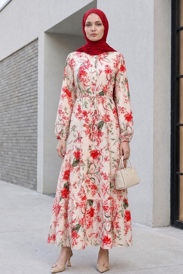Mandarin Collar Half-Button Mixed Patterned Polycotton Dress with Elasticated Sleeves -Garnet Color