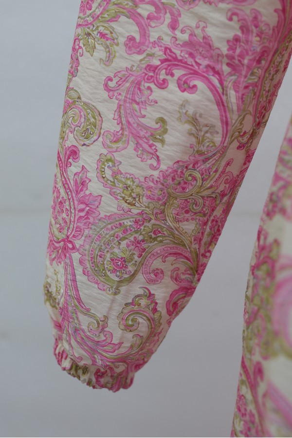 Mandarin Collar Half-Button Mixed Patterned Polycotton Dress with Elasticated Sleeves -Pink