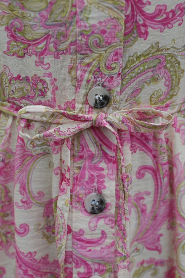 Mandarin Collar Half-Button Mixed Patterned Polycotton Dress with Elasticated Sleeves -Pink