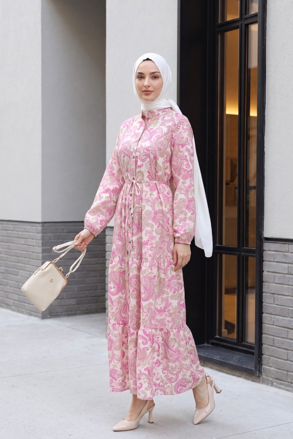 Mandarin Collar Half-Button Mixed Patterned Polycotton Dress with Elasticated Sleeves -Pink