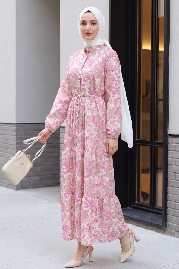 Mandarin Collar Half-Button Mixed Patterned Polycotton Dress with Elasticated Sleeves -Pink