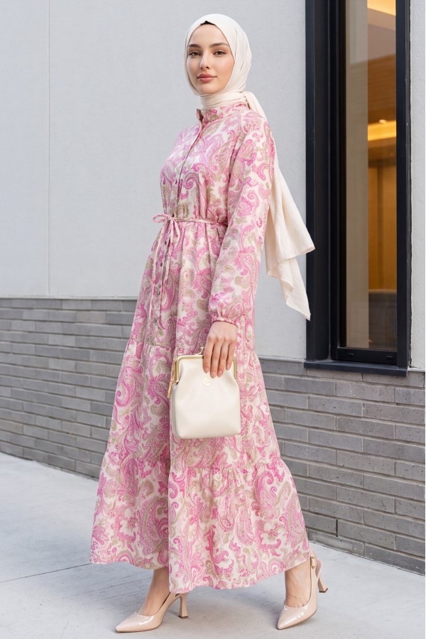Mandarin Collar Half-Button Mixed Patterned Polycotton Dress with Elasticated Sleeves -Pink