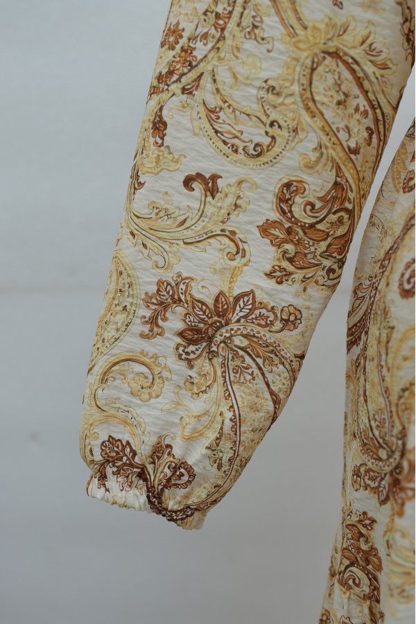 Mandarin Collar Half-Button Mixed Patterned Polycotton Dress with Elasticated Sleeves -Cinnamon