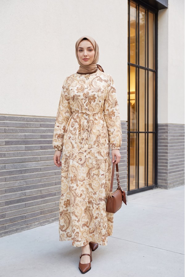 Mandarin Collar Half-Button Mixed Patterned Polycotton Dress with Elasticated Sleeves -Cinnamon