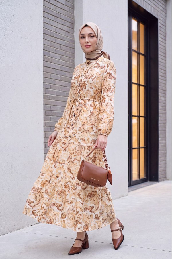 Mandarin Collar Half-Button Mixed Patterned Polycotton Dress with Elasticated Sleeves -Cinnamon