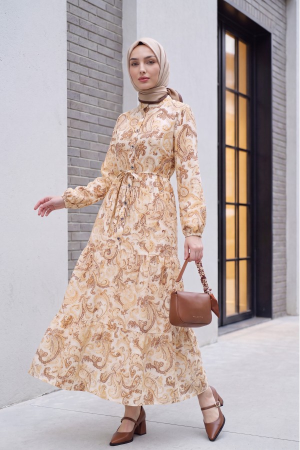 Mandarin Collar Half-Button Mixed Patterned Polycotton Dress with Elasticated Sleeves -Cinnamon