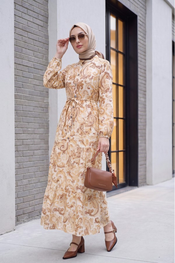 Mandarin Collar Half-Button Mixed Patterned Polycotton Dress with Elasticated Sleeves -Cinnamon