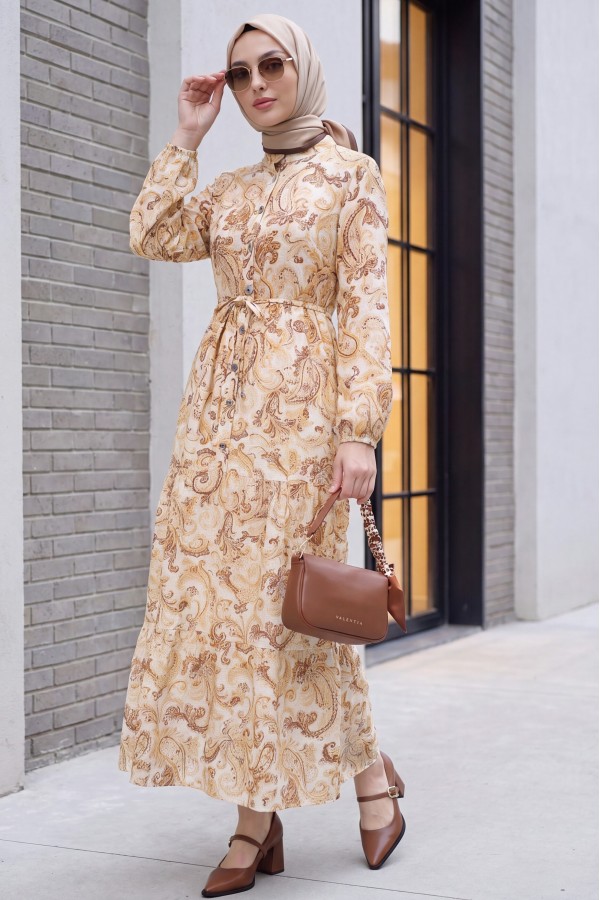 Mandarin Collar Half-Button Mixed Patterned Polycotton Dress with Elasticated Sleeves -Cinnamon
