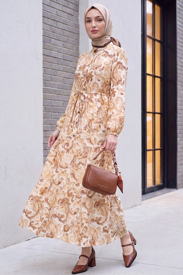 Mandarin Collar Half-Button Mixed Patterned Polycotton Dress with Elasticated Sleeves -Cinnamon