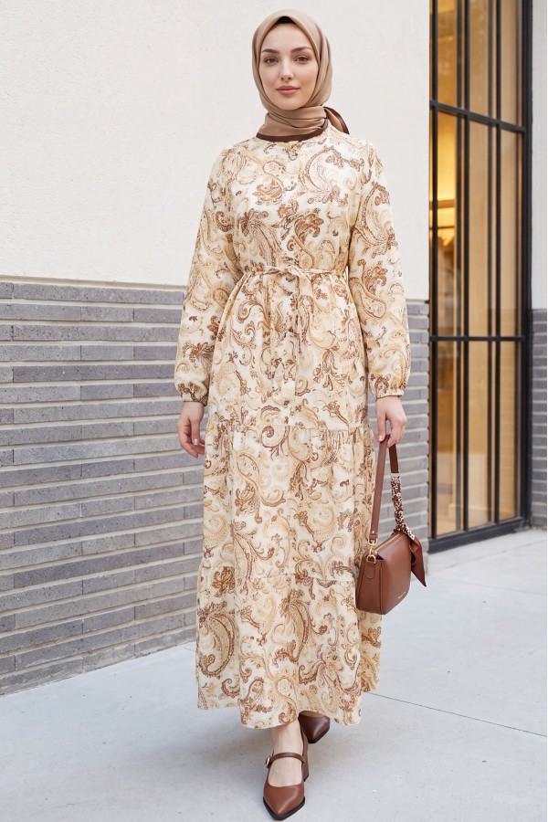 Mandarin Collar Half-Button Mixed Patterned Polycotton Dress with Elasticated Sleeves -Cinnamon