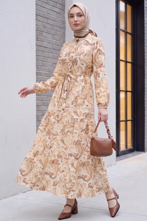 Mandarin Collar Half-Button Mixed Patterned Polycotton Dress with Elasticated Sleeves -Cinnamon