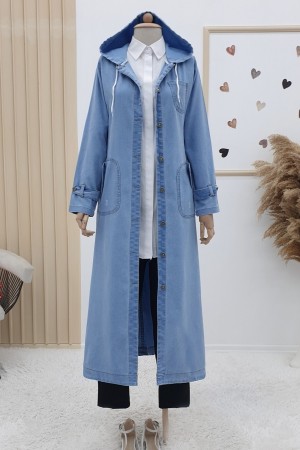   Fold Pocket Denim Cape -أزرق