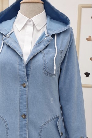   Fold Pocket Denim Cape -أزرق