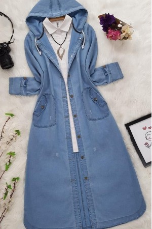   Fold Pocket Denim Cape -أزرق