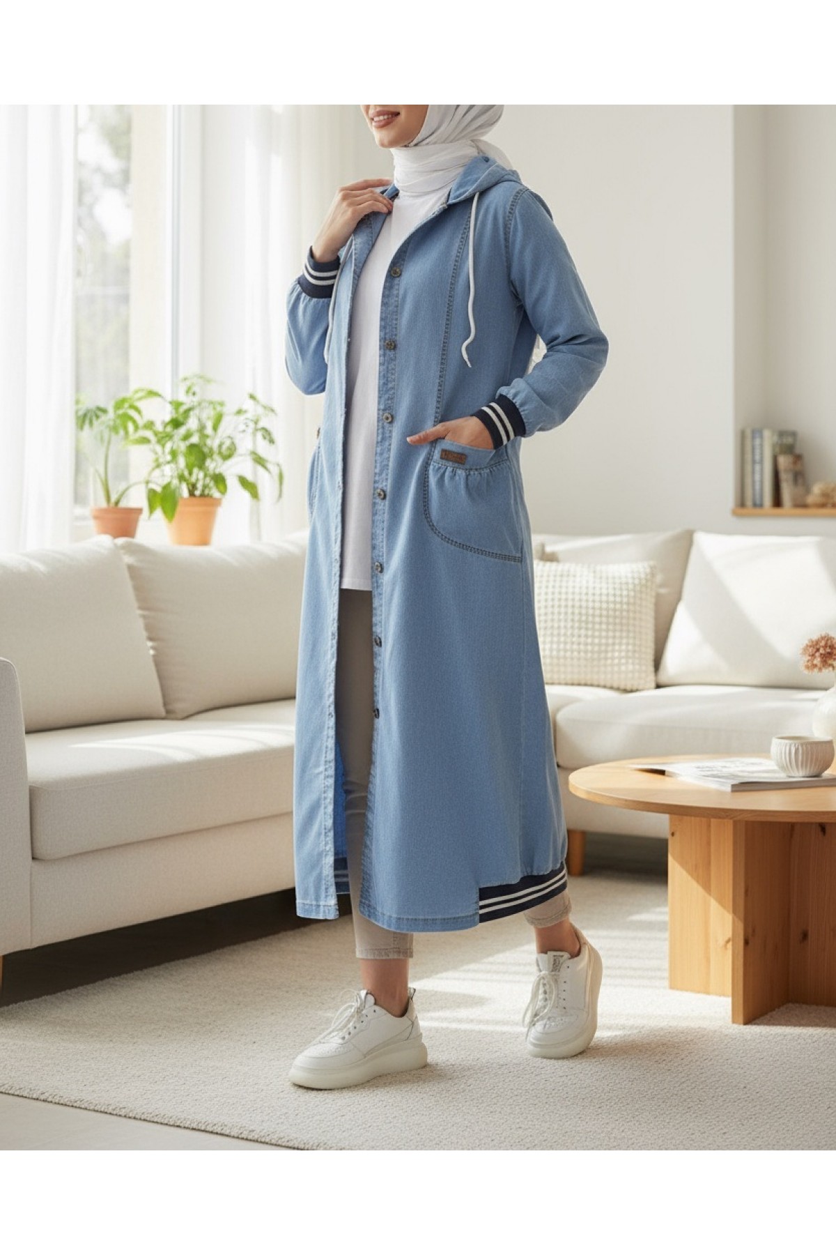 Elastic skirt denim jacket   -Light blue