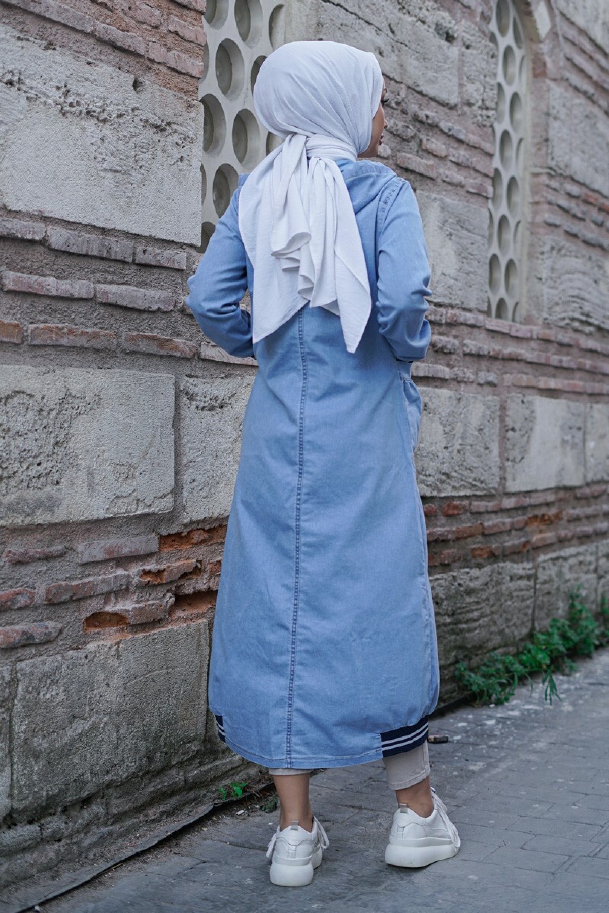 Elastic skirt denim jacket   -Light blue
