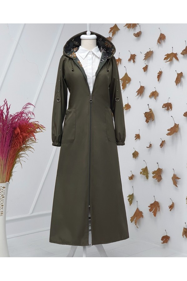 Metal Detailed Zippered Hooded Trench Coat -Khaki