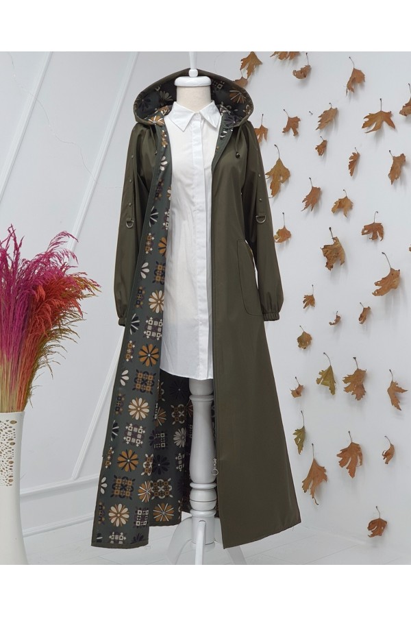 Metal Detailed Zippered Hooded Trench Coat -Khaki
