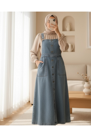 Boydan Düğmeli Çift Cepli Kot Salopet -Buz Mavi