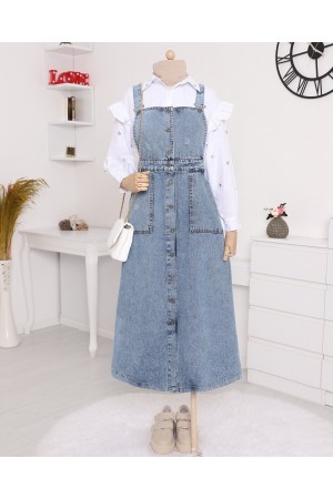 Boydan Düğmeli Çift Cepli Kot Salopet -Buz Mavi