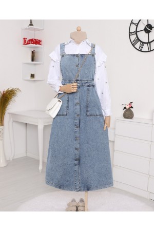 Boydan Düğmeli Çift Cepli Kot Salopet -Buz Mavi