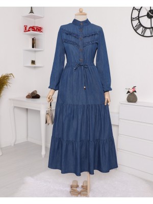 Yarım Düğmeli Önü Fırfırlı Parçalı Kot Elbise -İndigo