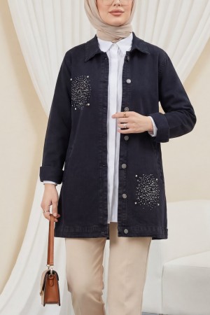 Önü Taş Detaylı Çift Cepli Kot Ceket -Siyah
