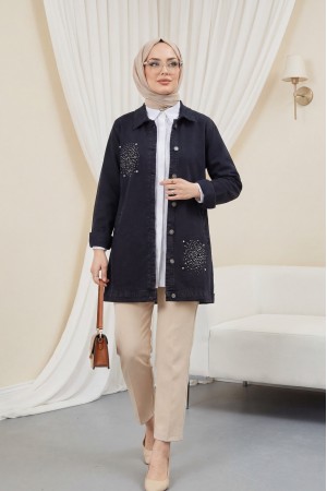 Önü Taş Detaylı Çift Cepli Kot Ceket -Siyah