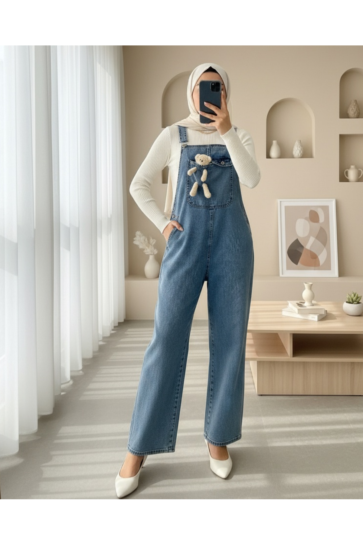 Teddy Bear Detail Suspended Side Buttons Denim Overalls  -Ice Blue