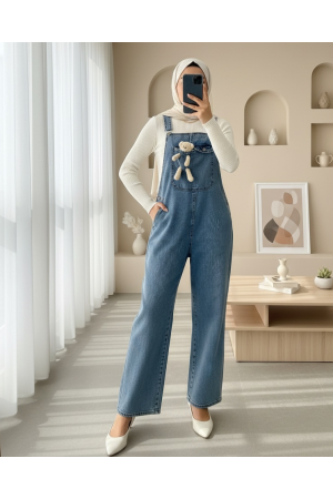 Ayıcık Detaylı Askılı Yanları Düğmeli Kot Tulum  -Buz Mavi