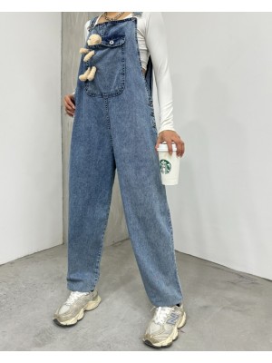 Ayıcık Detaylı Askılı Yanları Düğmeli Kot Tulum  -Buz Mavi