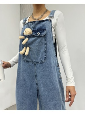 Ayıcık Detaylı Askılı Yanları Düğmeli Kot Tulum  -Buz Mavi