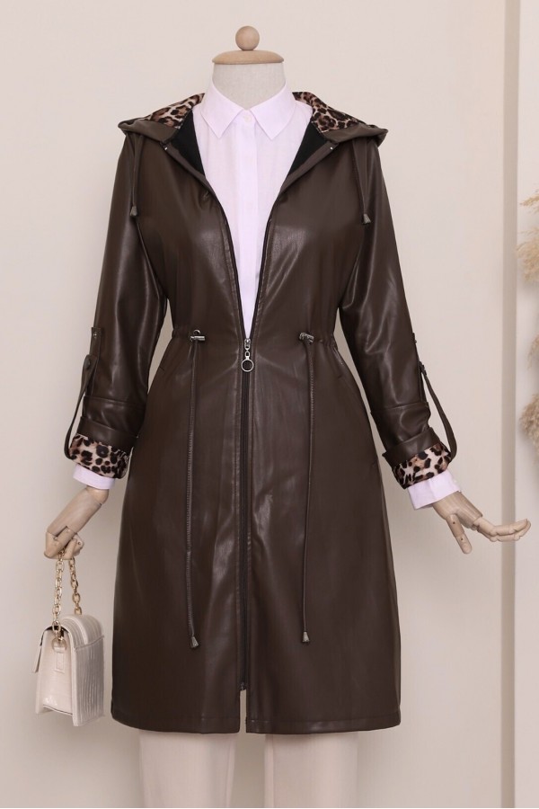 Folded Arm Tie Waist Hooded Leather Cap -Brown