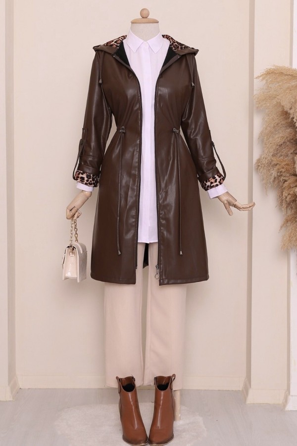 Folded Arm Tie Waist Hooded Leather Cap -Brown