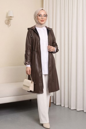 Kolu Katlamalı Beli Bağcıklı Kapşonlu Deri Kap -Kahve