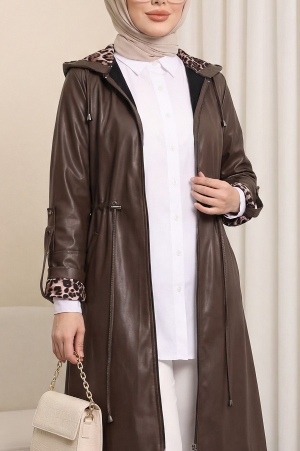 Folded Arm Tie Waist Hooded Leather Cap -Brown