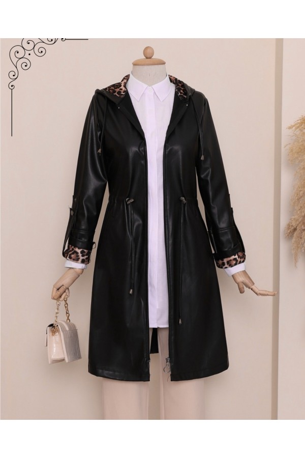 Folded Arm Tie Waist Hooded Leather Cap -Black