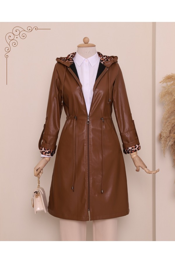 Folded Arm Tie Waist Hooded Leather Cap -Snuff