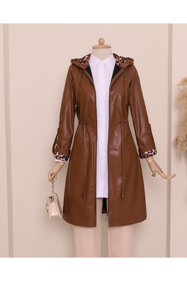Folded Arm Tie Waist Hooded Leather Cap -Snuff
