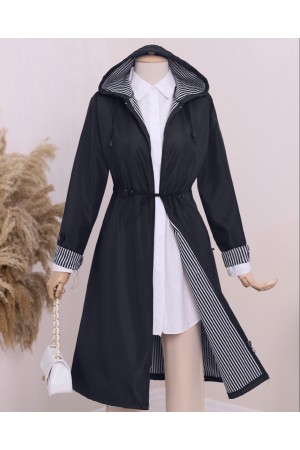 Beli Lastikli Kolu Katlamalı Kapşonlu Trenckot -Laci