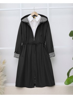 Beli Lastikli Kolu Katlamalı Kapşonlu Trenckot -Siyah