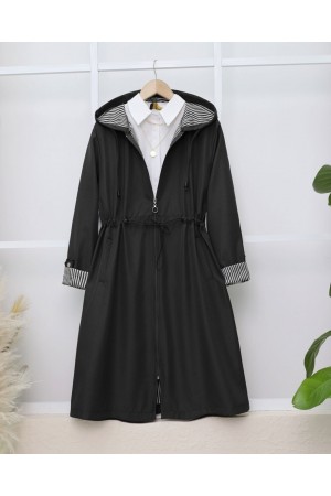 Beli Lastikli Kolu Katlamalı Kapşonlu Trenckot -Siyah