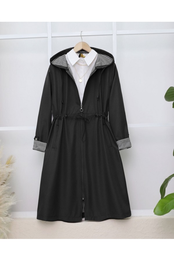 Elastic Waist Folded Arms Hooded Trench Coat -Black
