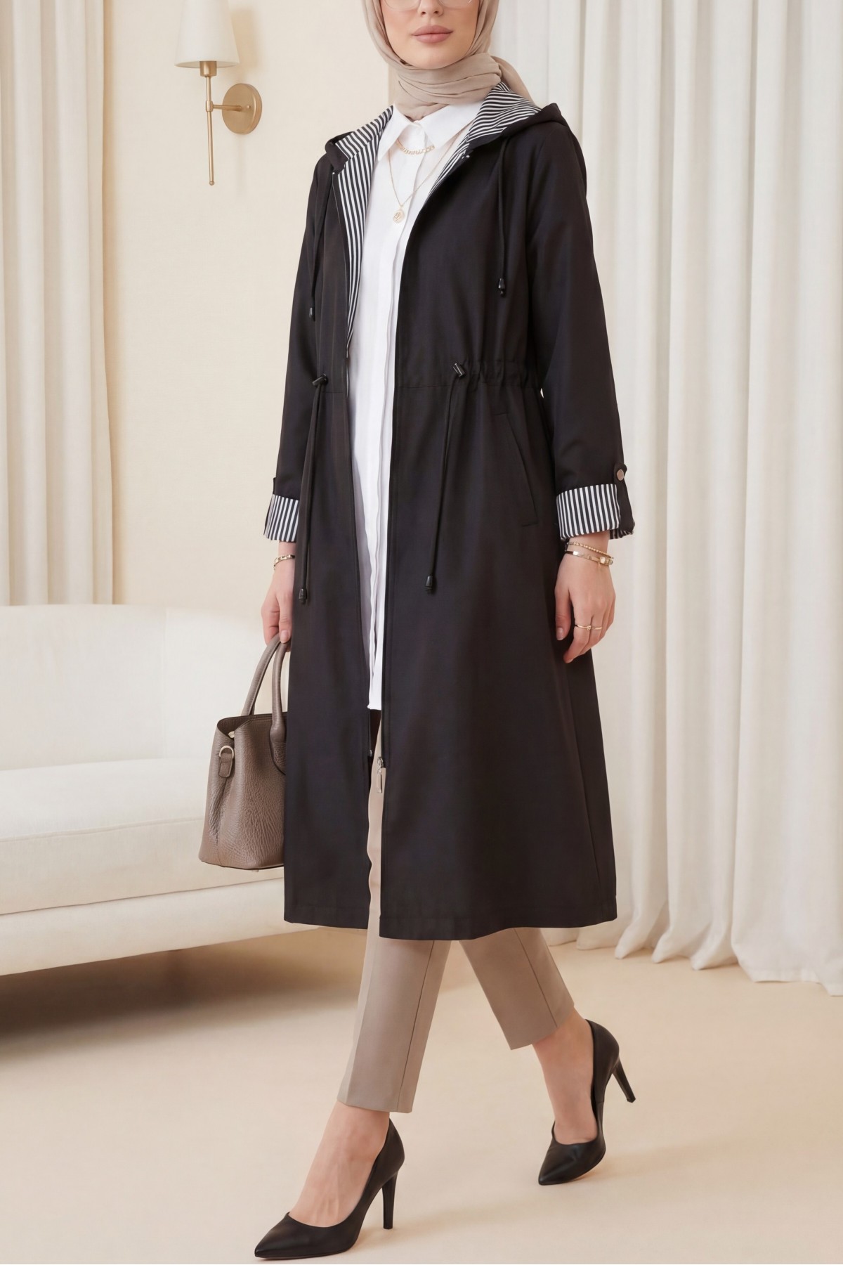 Elastic Waist Folded Arms Hooded Trench Coat -Black